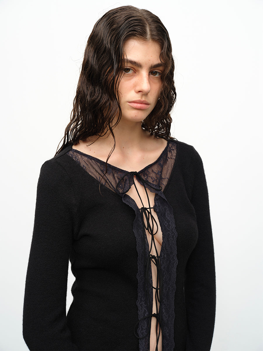 Dotyears24AW Wool lace patchwork lace-up knitted cardigan