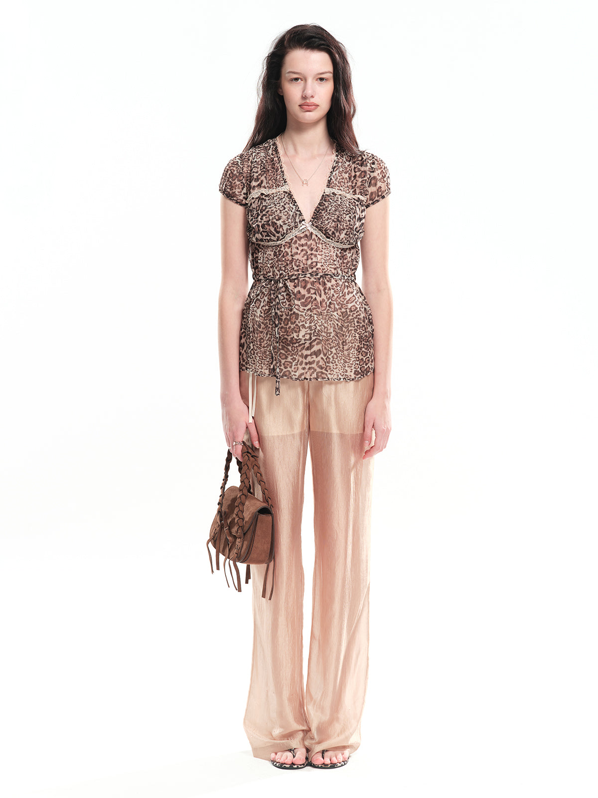 Dotyears Leopard print pullover top with contrast lace trim and tie waist