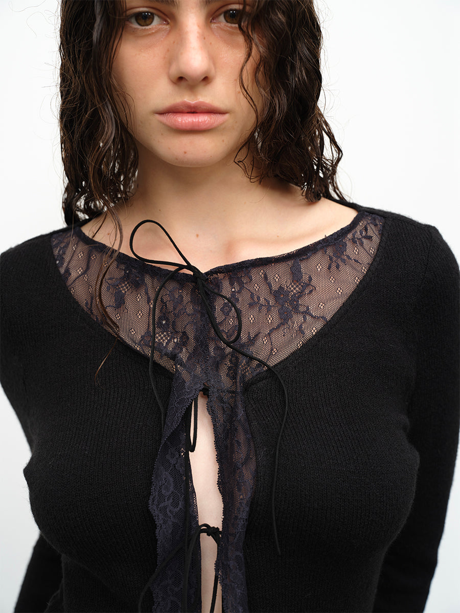 Dotyears24AW Wool lace patchwork lace-up knitted cardigan