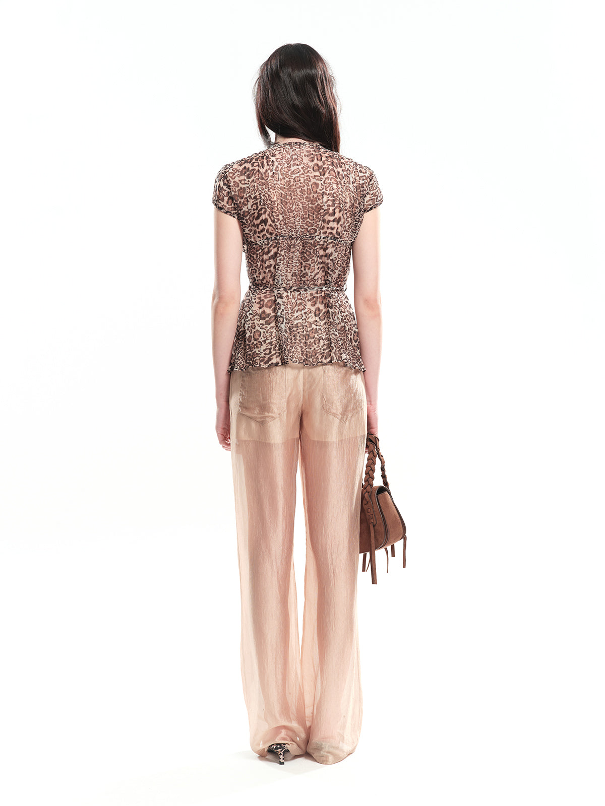 Dotyears Leopard print pullover top with contrast lace trim and tie waist