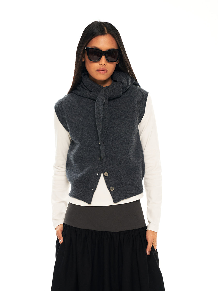 Hughum Grey 100% wool knitted vest over top