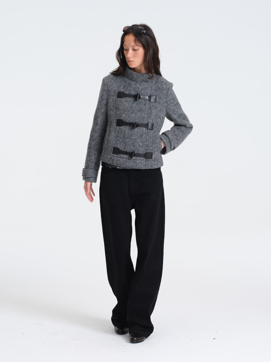 Hughum Gray Wool Coat with Leather Buttons