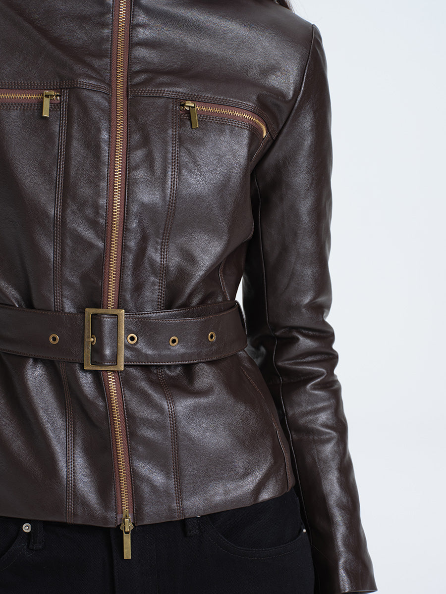 HUGHUM Brown Waisted Leather Jacket