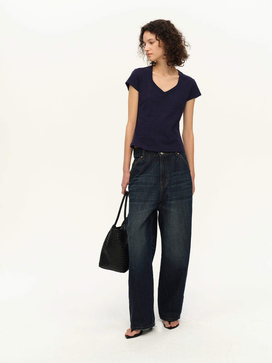 Hughum Curved V-neck Khmer knitted short T-shirt