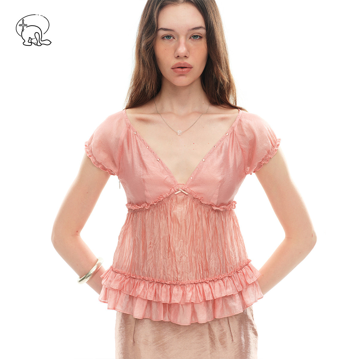 Dotyears V-Neck Viscose A-Line Grapefruit Rhinestone Blouse