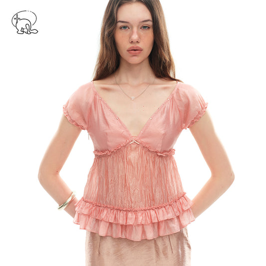 Dotyears V-Neck Viscose A-Line Grapefruit Rhinestone Blouse