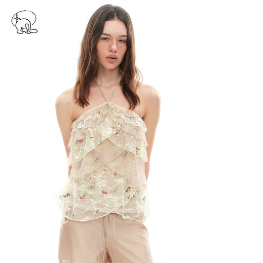 Dotyears Lace Embroidery Fabric Spliced Halter Cami