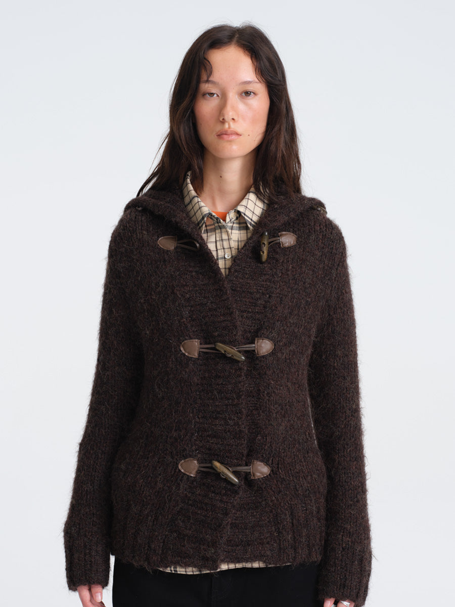Hughum Café Brown Chunky Knit Sweater with Horn Buttons