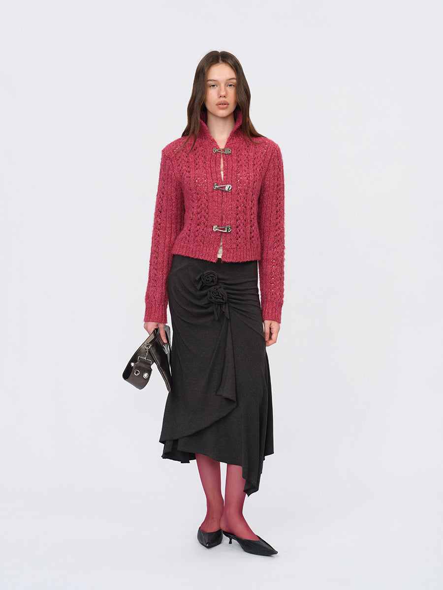 Dotyears Two-Tone Openwork Chunky Knit Cardigan with Wooden Buttons