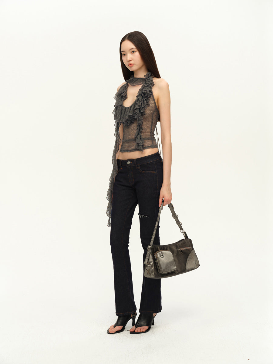 Dotyears Two-tone lace panel halterneck top