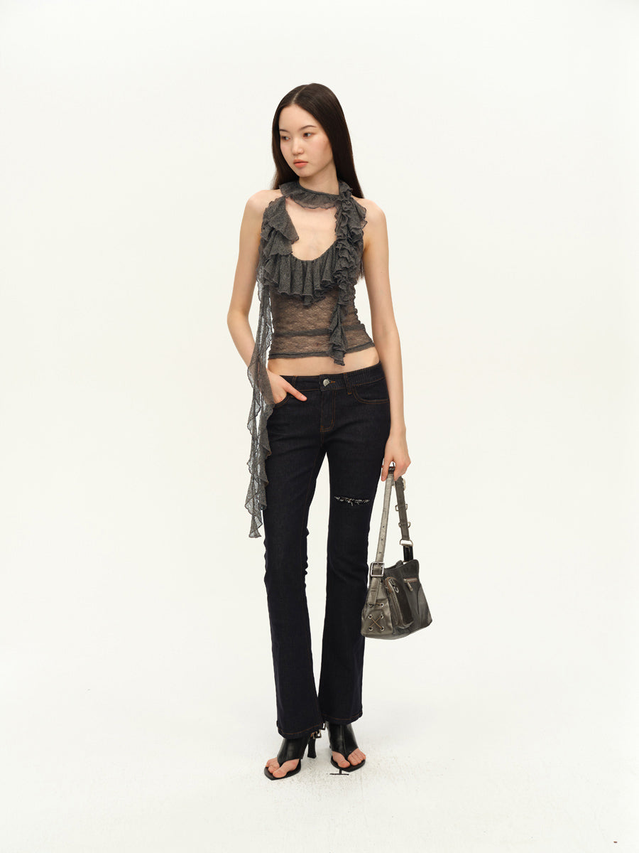 Dotyears Two-tone lace panel halterneck top