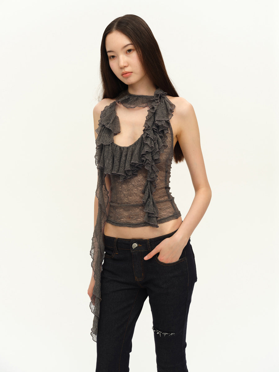 Dotyears Two-tone lace panel halterneck top