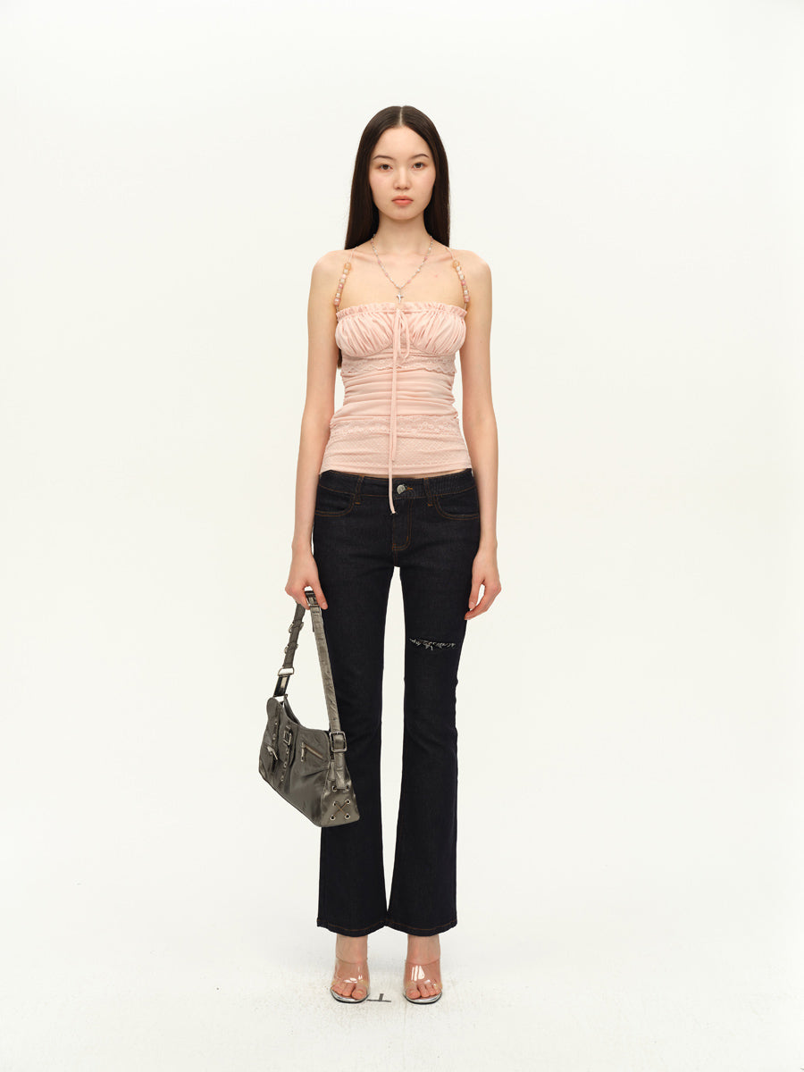Dotyears Pale pink beaded strap lace panel acetate camisole top