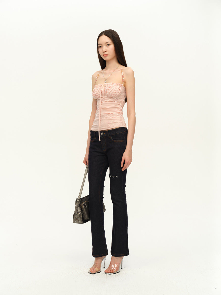 Dotyears Pale pink beaded strap lace panel acetate camisole top