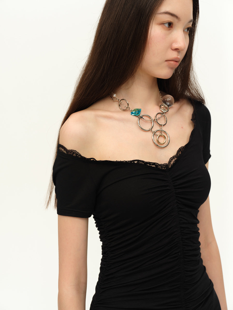 Dotyears Lace panels, solid backless chain charm, detachable black and white unloading top
