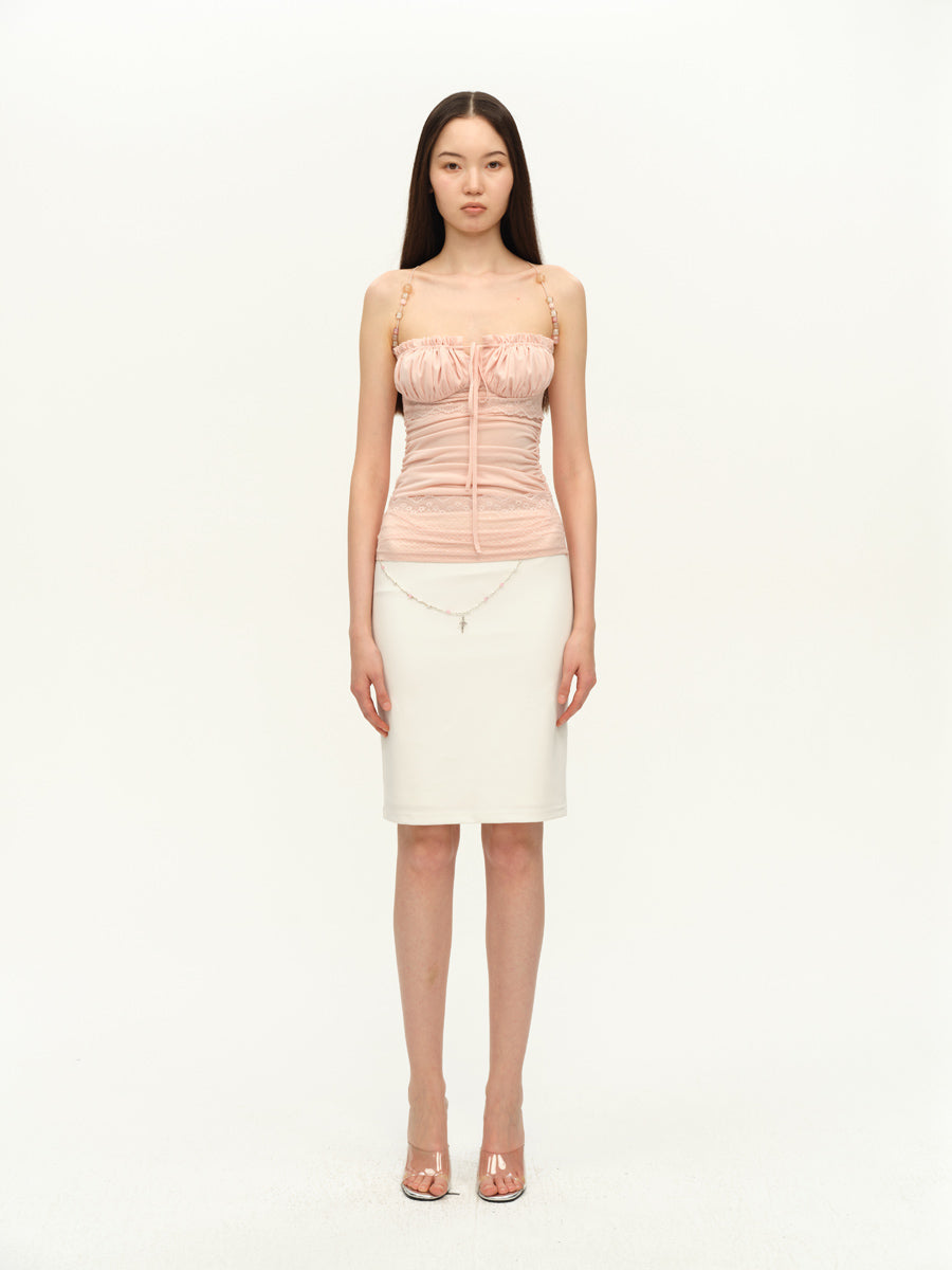 Dotyears Pale pink beaded strap lace panel acetate camisole top
