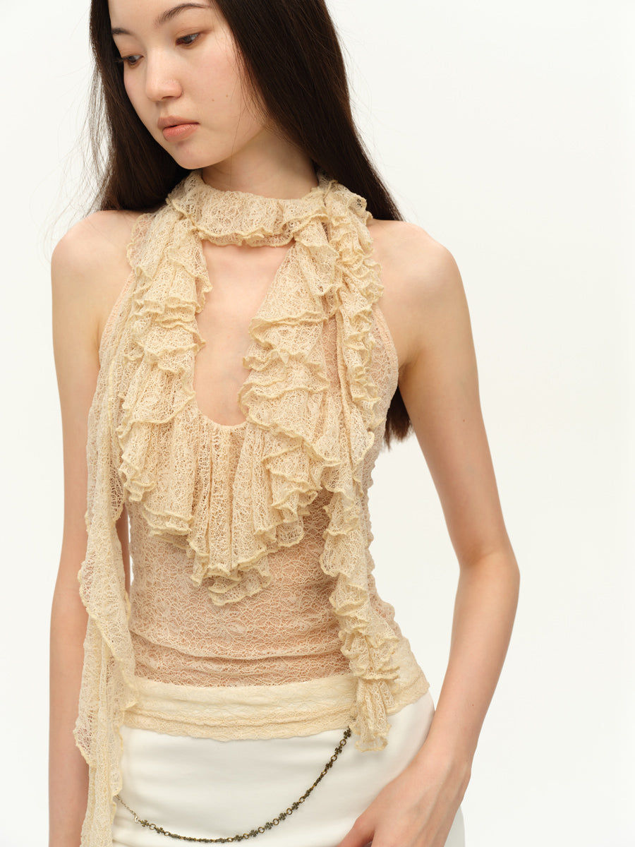 Dotyears Two-tone lace panel halterneck top