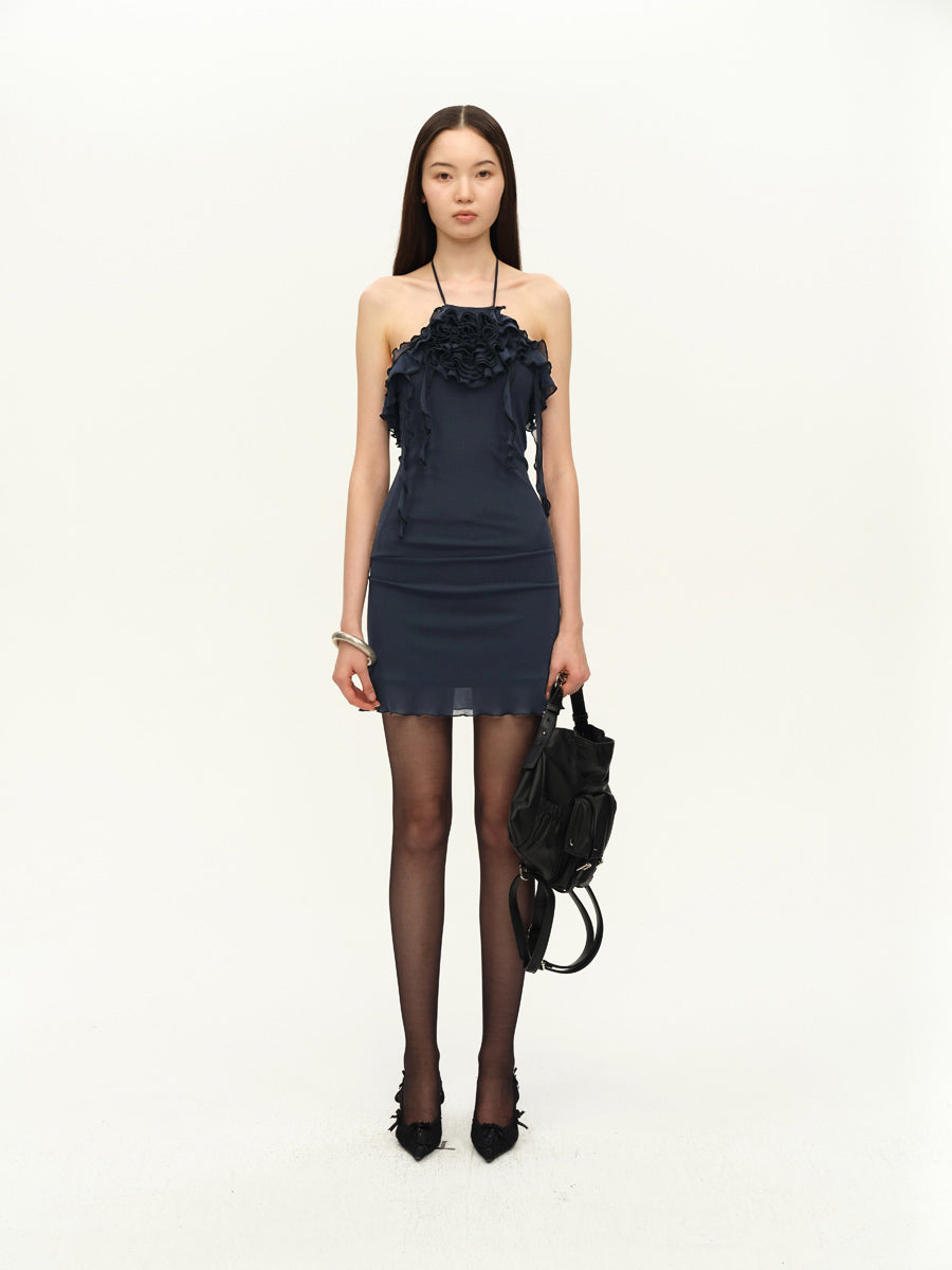Dotyears Mesh lace panelled navy blue slim dress
