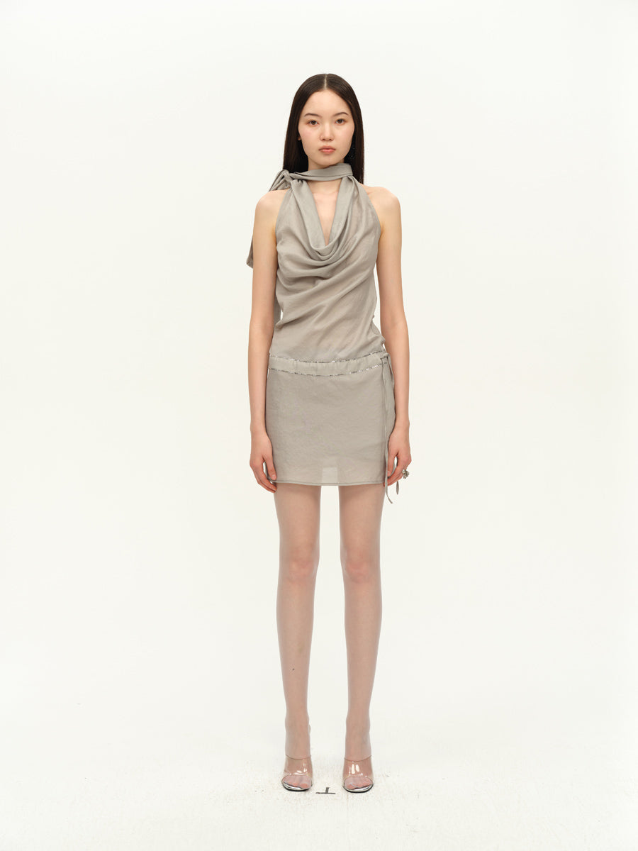 Dotyears Satin slim fit swing V sequin embroidered dress