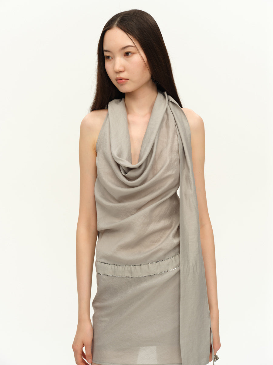 Dotyears Satin slim fit swing V sequin embroidered dress