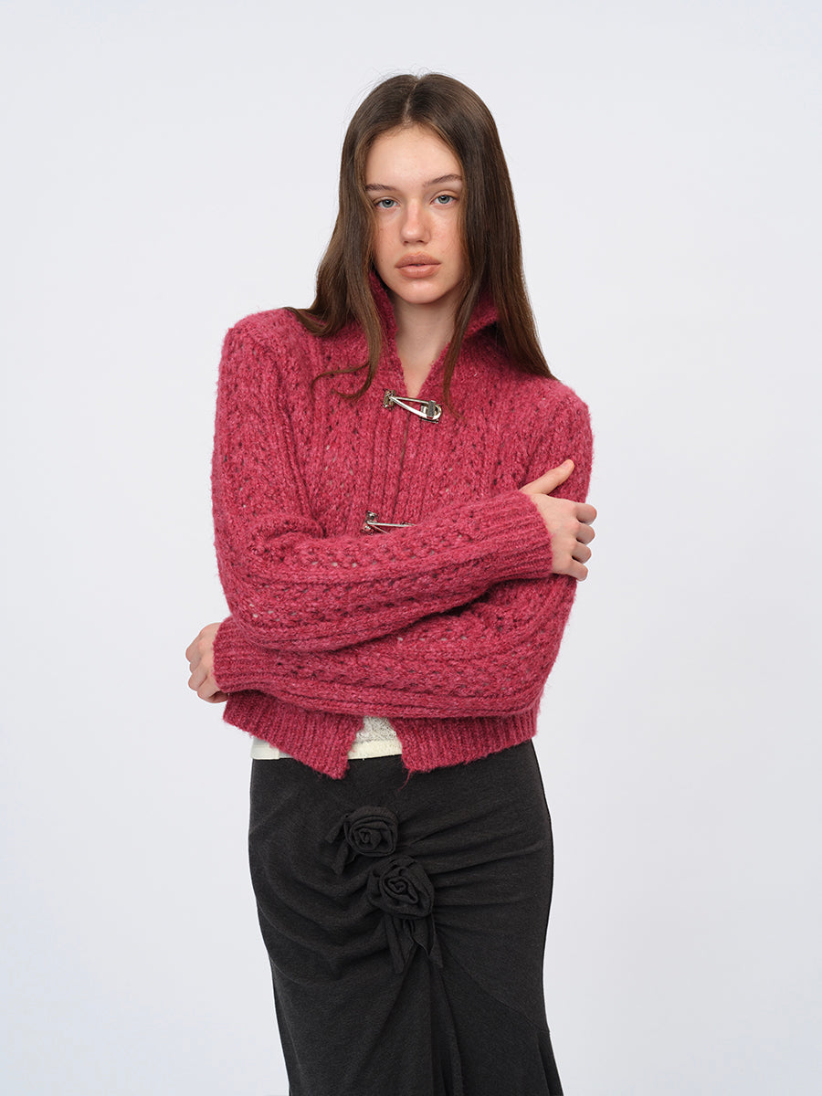 Dotyears Two-Tone Openwork Chunky Knit Cardigan with Wooden Buttons