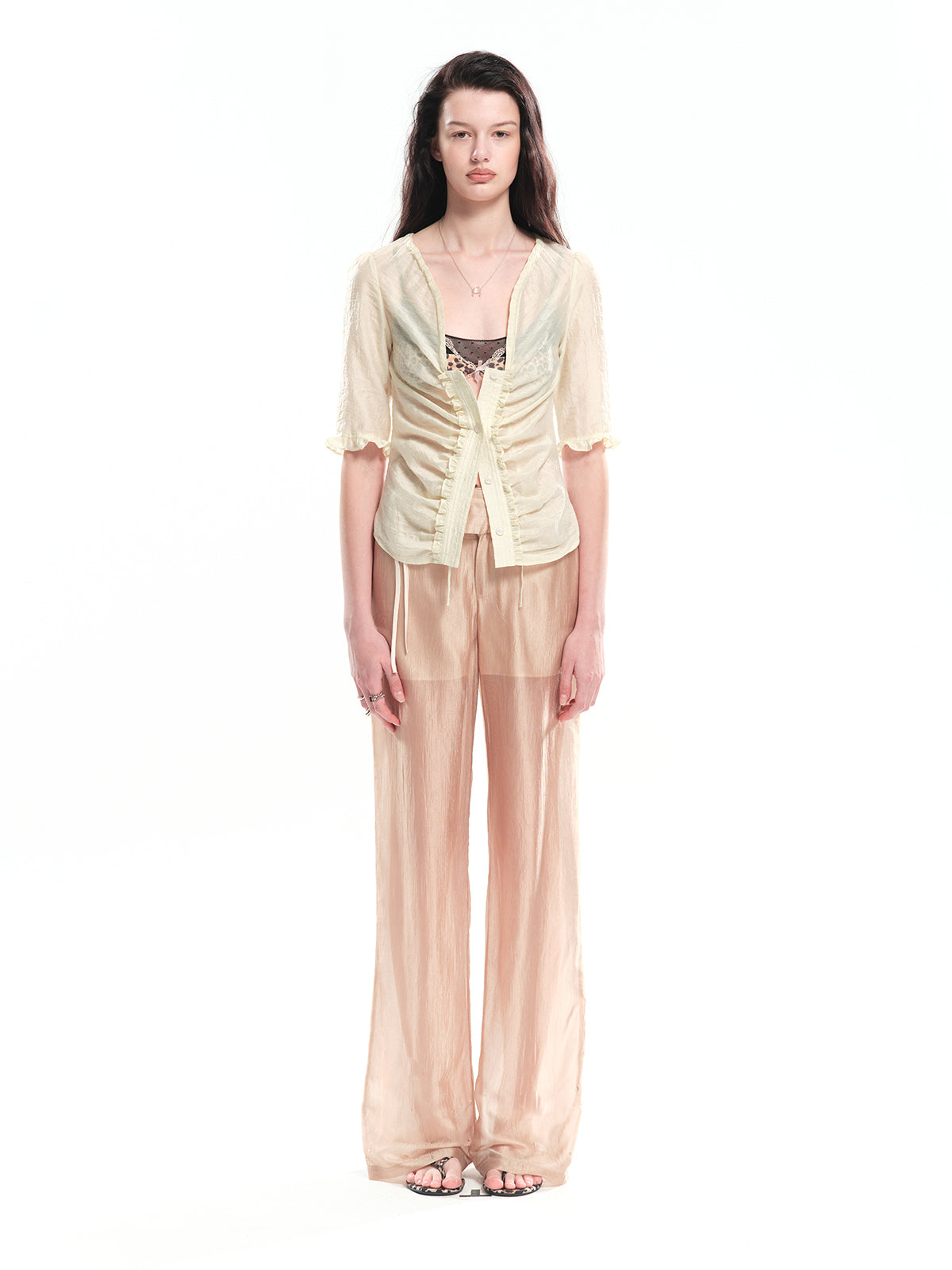 Dotyears Ruched Tie Lace Trim Elbow Sleeve Shirt