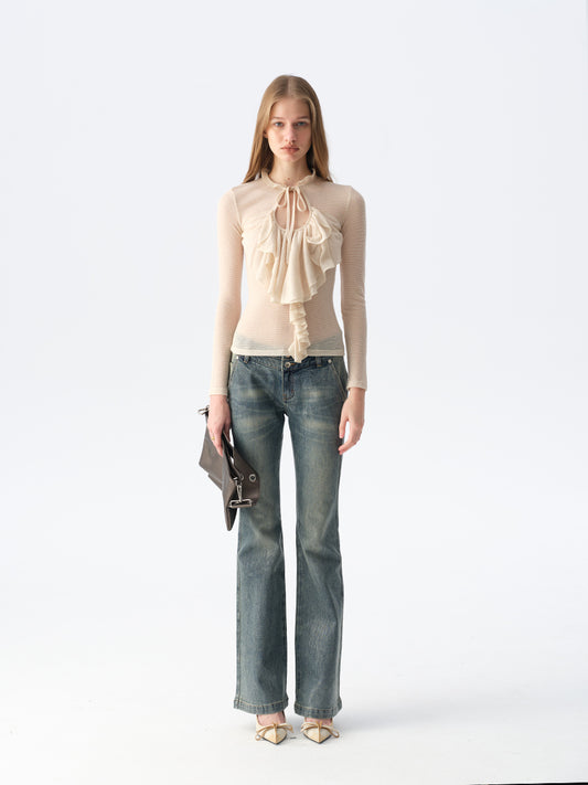 Dotyears Sheer Apricot Shimmer Layering Top with Ruffle Hem