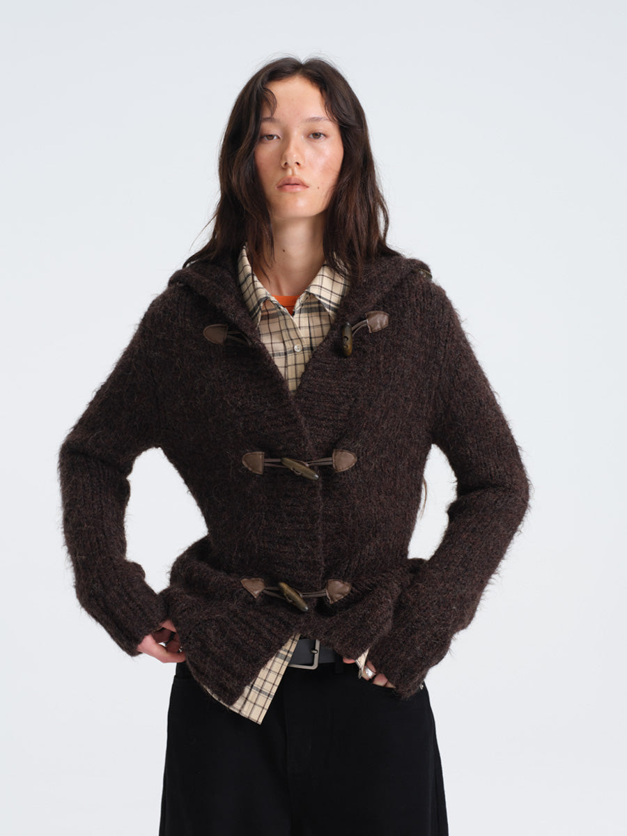 Hughum Café Brown Chunky Knit Sweater with Horn Buttons
