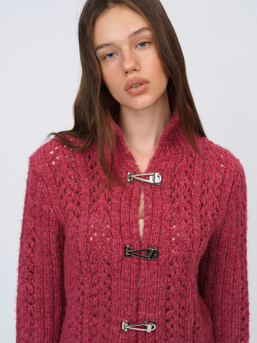 Dotyears Two-Tone Openwork Chunky Knit Cardigan with Wooden Buttons