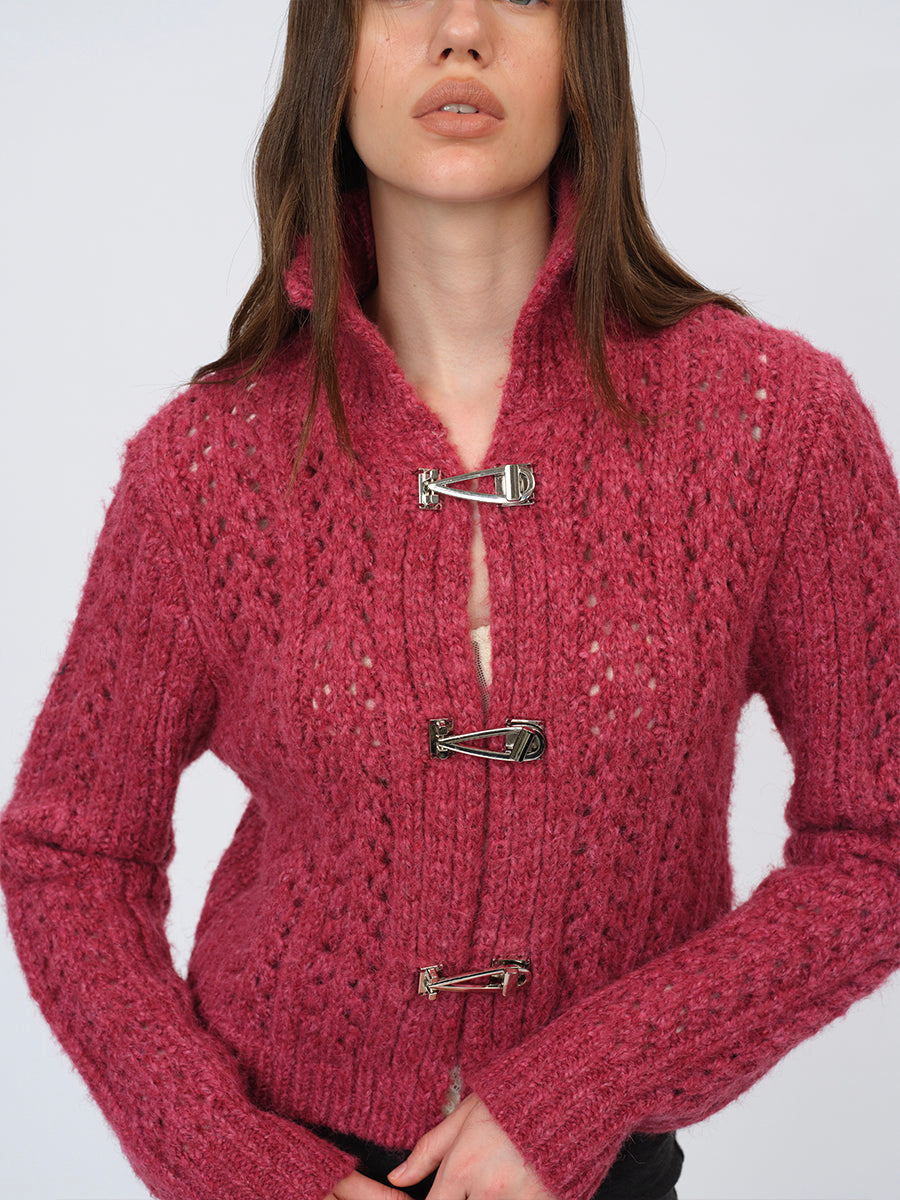 Dotyears Two-Tone Openwork Chunky Knit Cardigan with Wooden Buttons