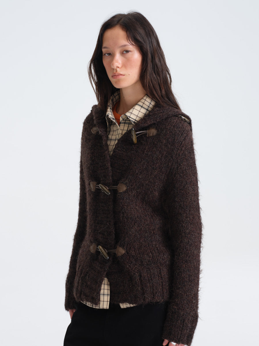 Hughum Café Brown Chunky Knit Sweater with Horn Buttons