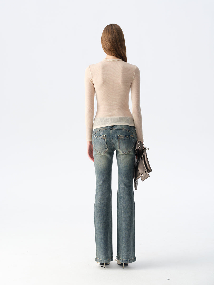 Dotyears Sheer Apricot Shimmer Layering Top with Ruffle Hem