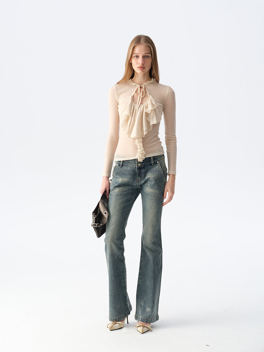 Dotyears Sheer Apricot Shimmer Layering Top with Ruffle Hem