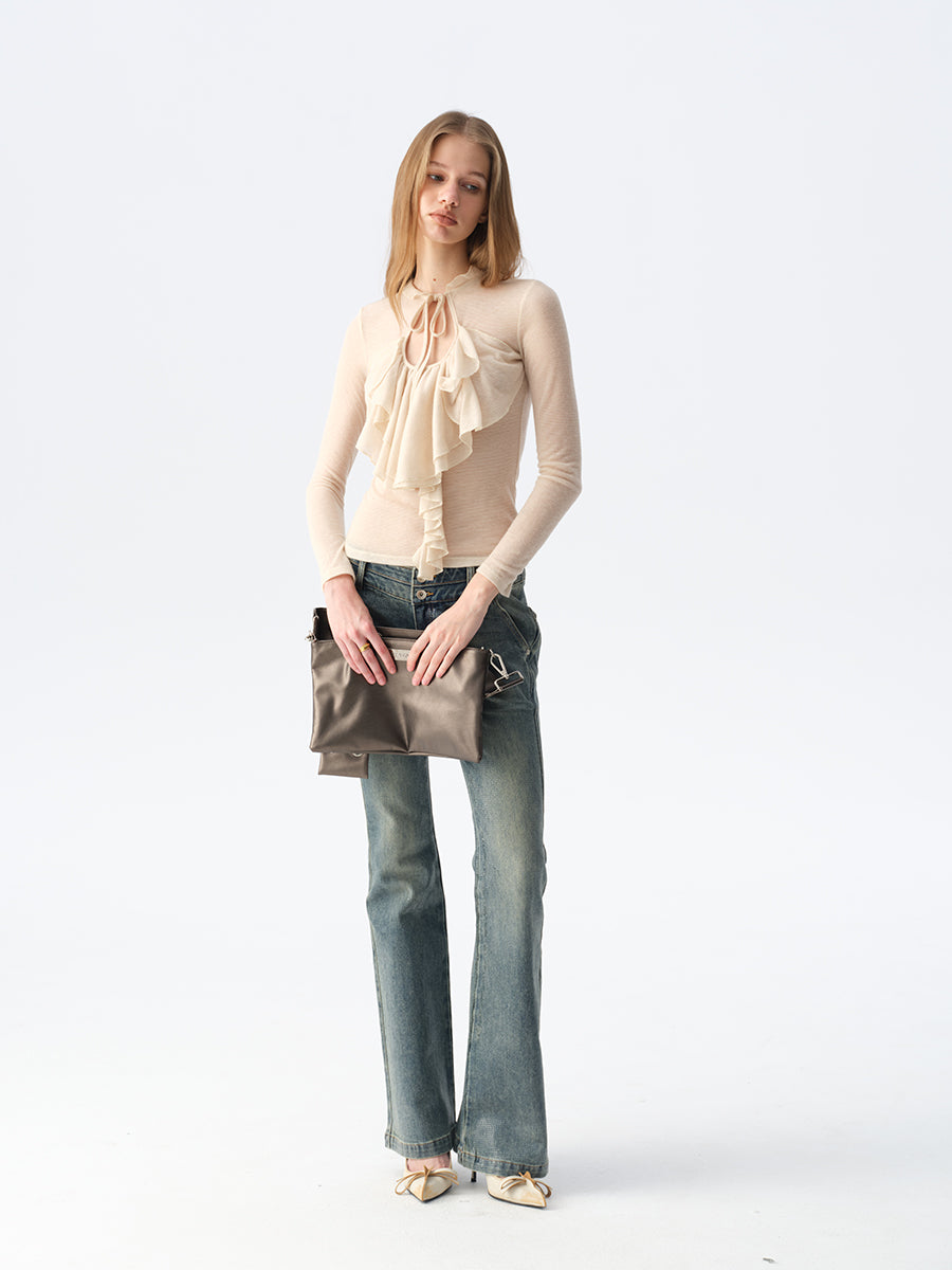 Dotyears Sheer Apricot Shimmer Layering Top with Ruffle Hem