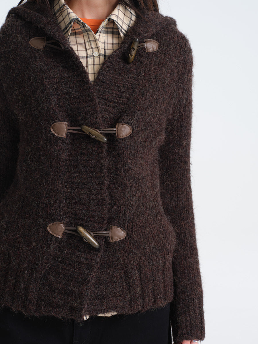 Hughum Café Brown Chunky Knit Sweater with Horn Buttons