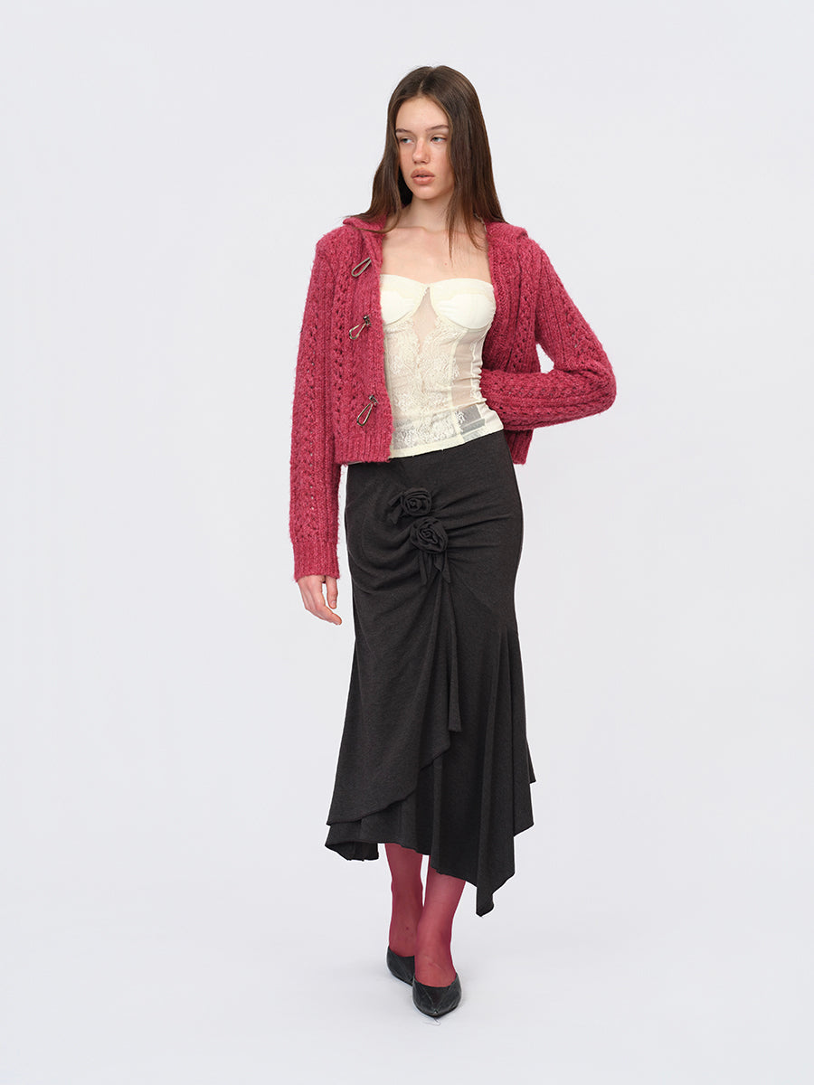 Dotyears Two-Tone Openwork Chunky Knit Cardigan with Wooden Buttons