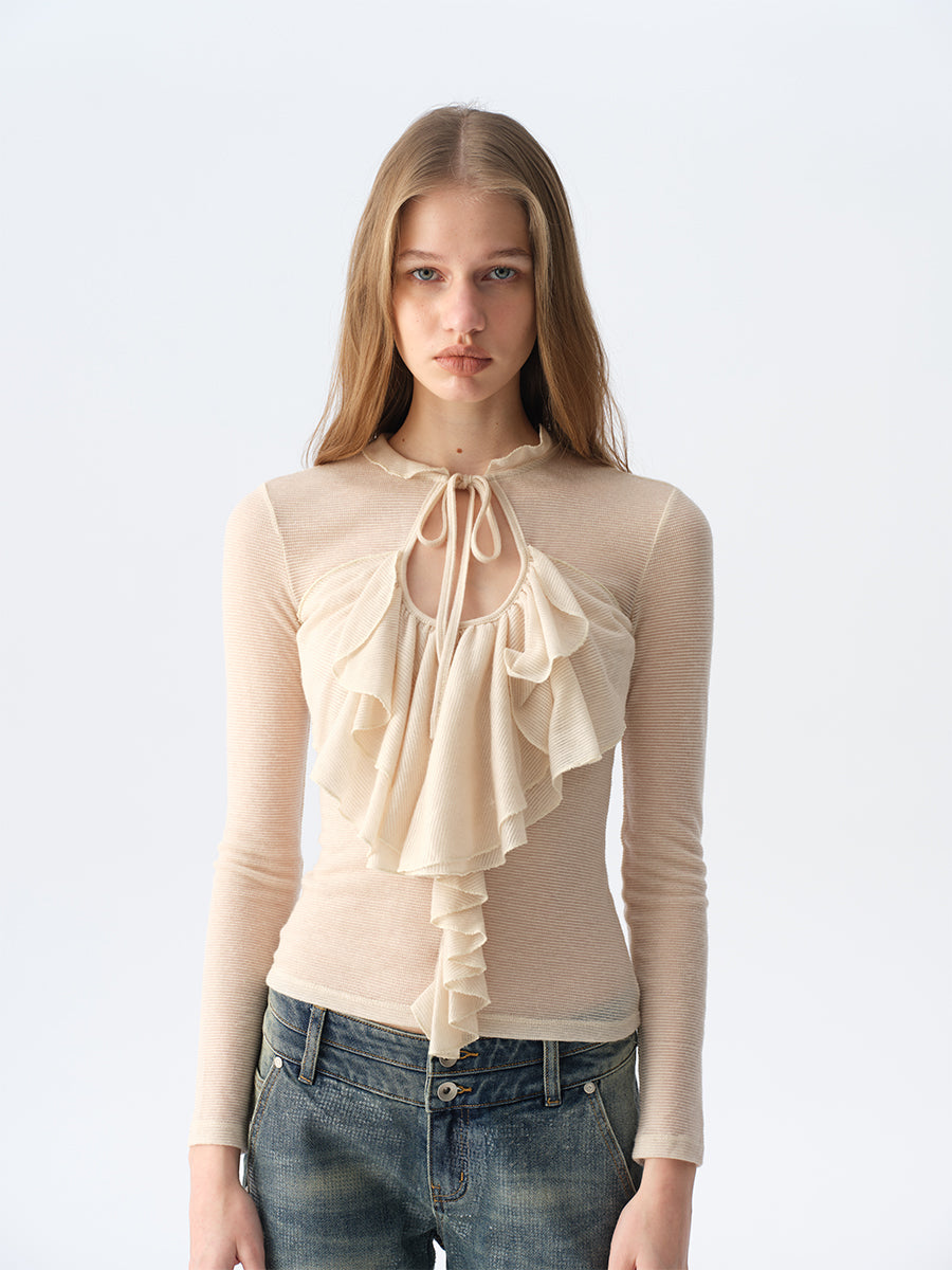 Dotyears Sheer Apricot Shimmer Layering Top with Ruffle Hem