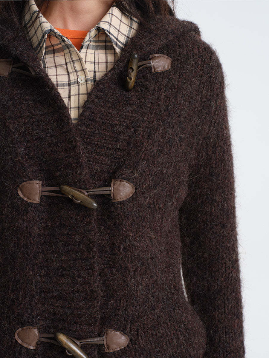 Hughum Café Brown Chunky Knit Sweater with Horn Buttons