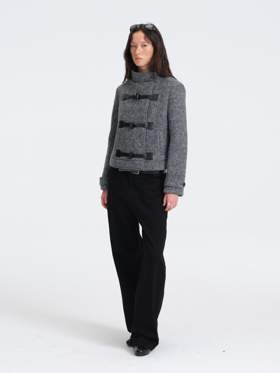 Hughum Gray Wool Coat with Leather Buttons