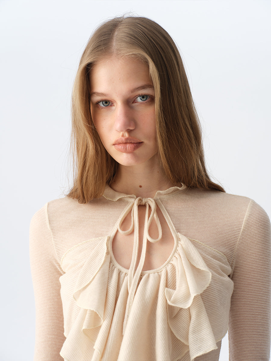 Dotyears Sheer Apricot Shimmer Layering Top with Ruffle Hem