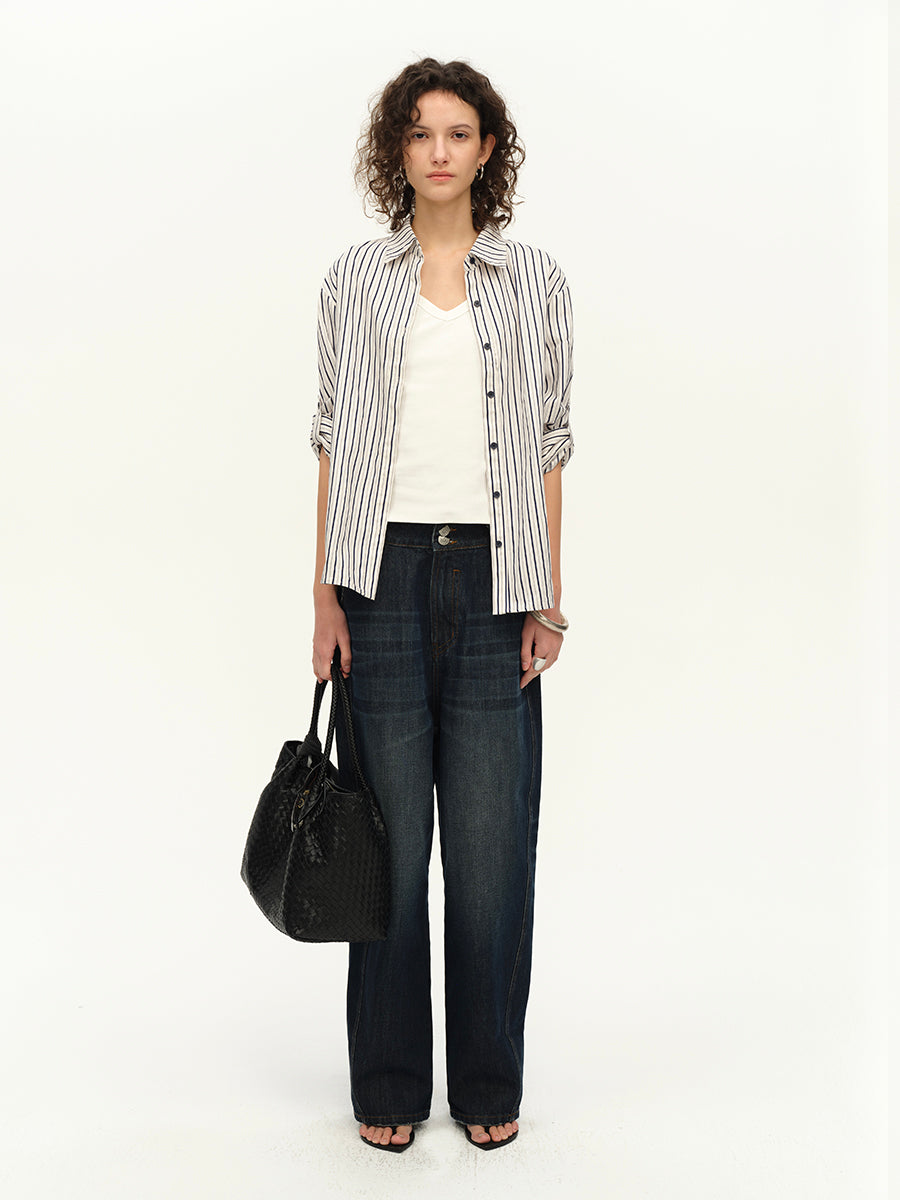 Hughum Curved V-neck Khmer knitted short T-shirt