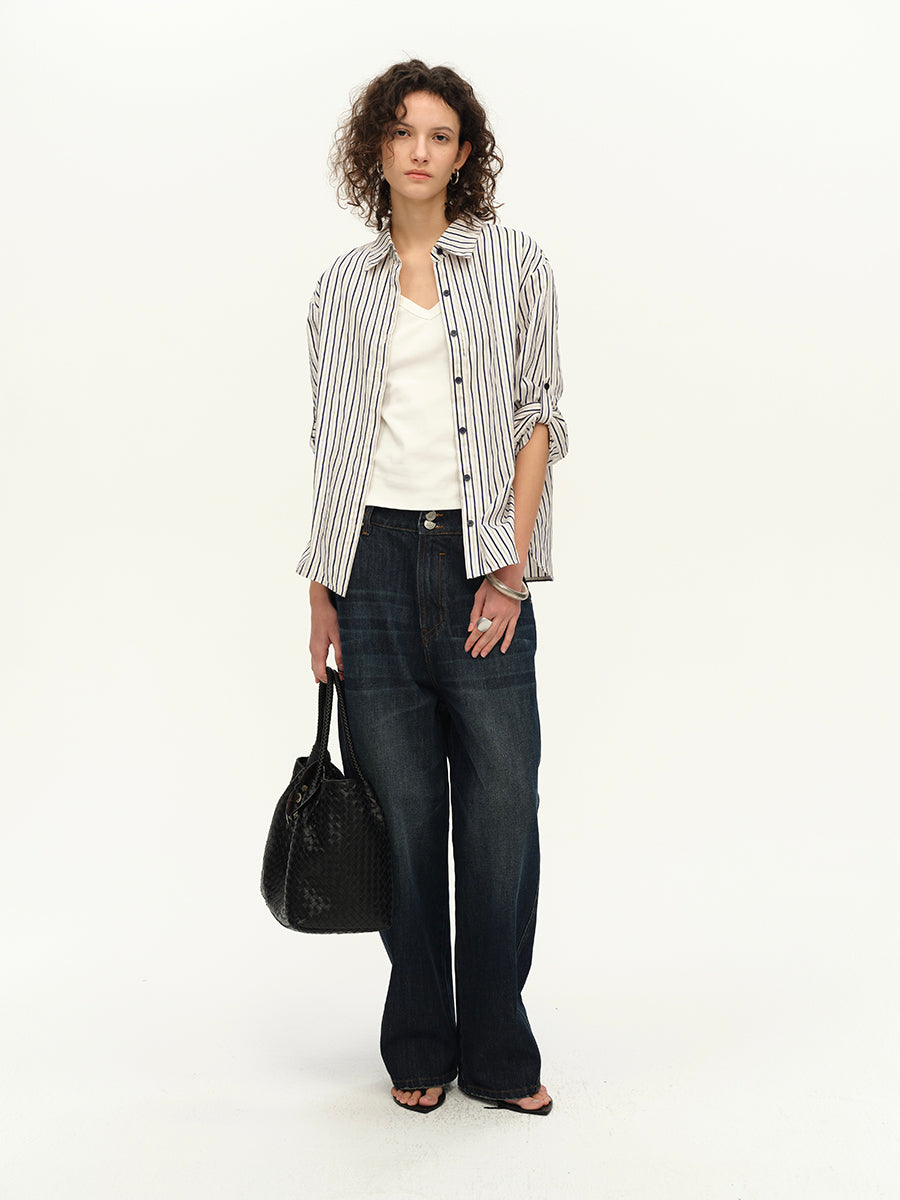 Hughum Curved V-neck Khmer knitted short T-shirt