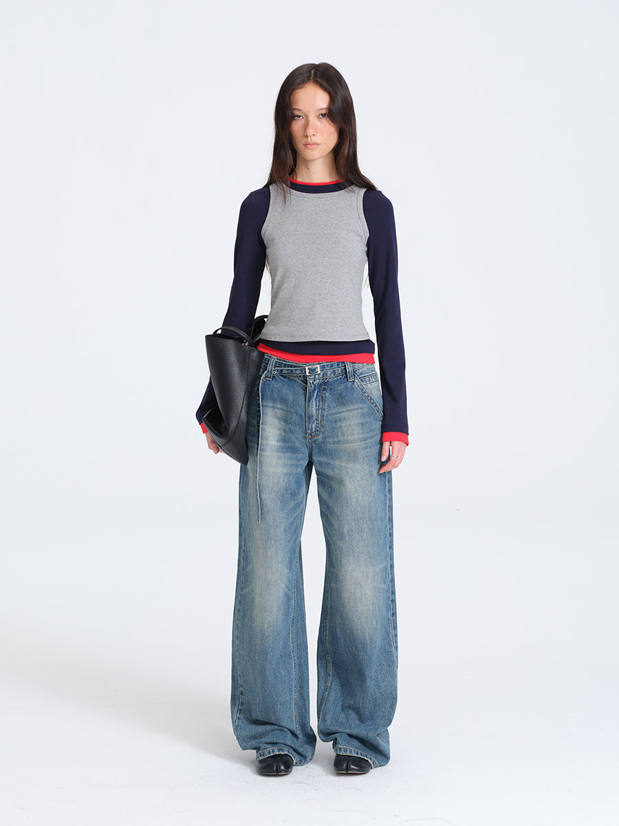 HUGHUM Red and Blue Color-Block Knit T-Shirt