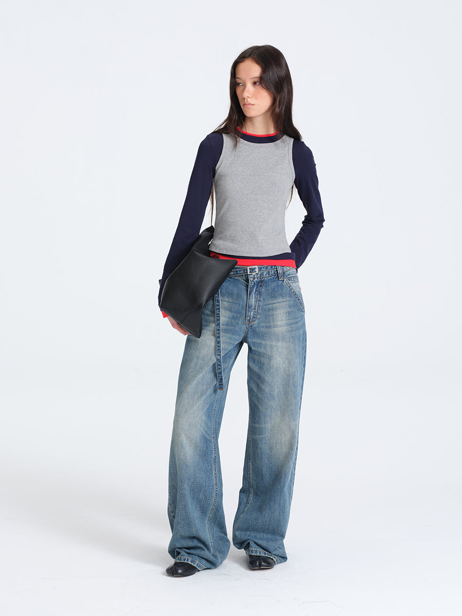 HUGHUM Red and Blue Color-Block Knit T-Shirt