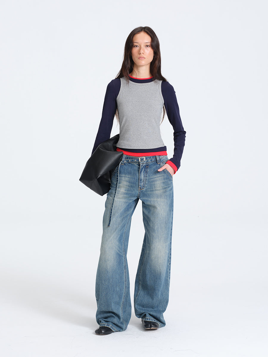 HUGHUM Red and Blue Color-Block Knit T-Shirt