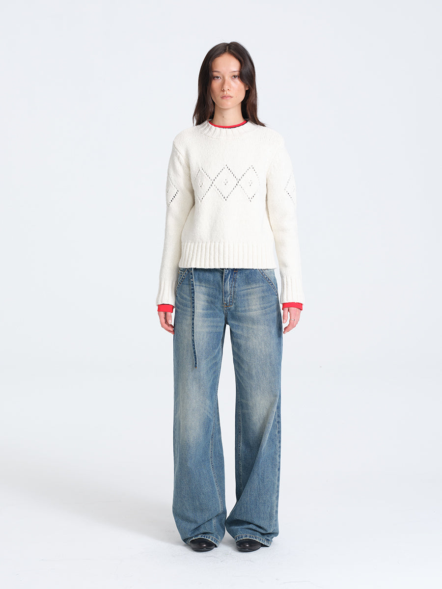 Hughum White Diamond-Pattern Crochet Sweater