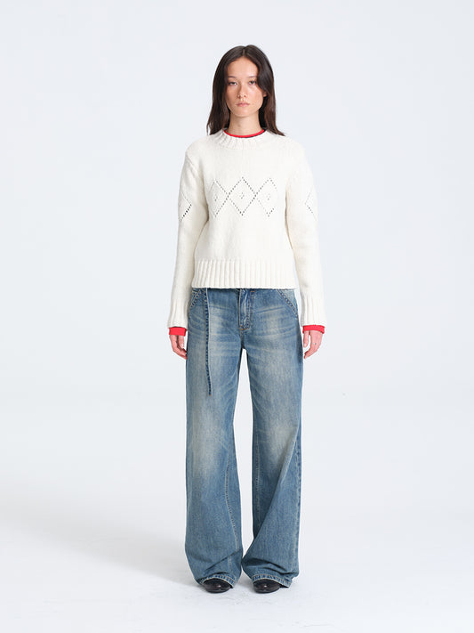 Hughum White Diamond-Pattern Crochet Sweater