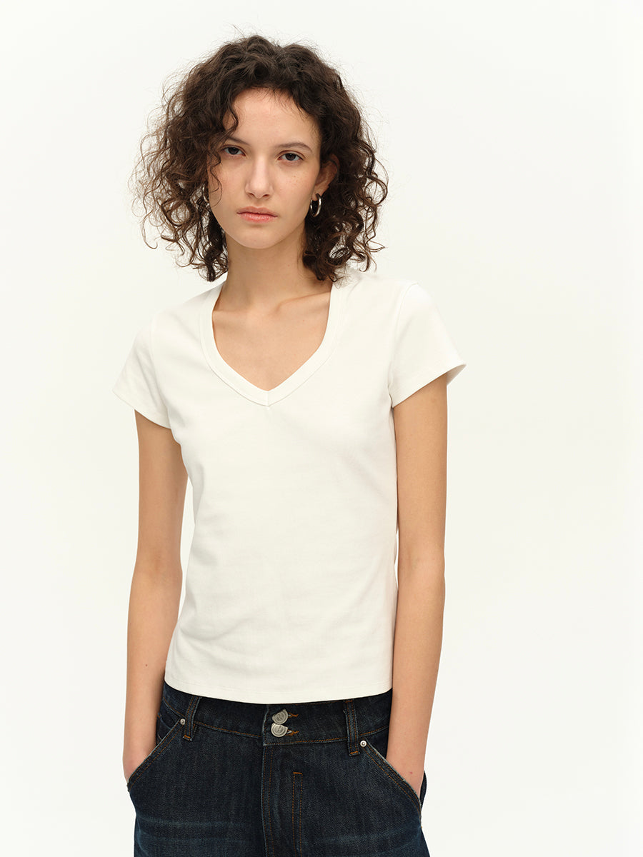 Hughum Curved V-neck Khmer knitted short T-shirt