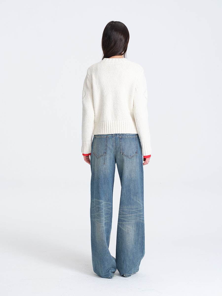 Hughum White Diamond-Pattern Crochet Sweater