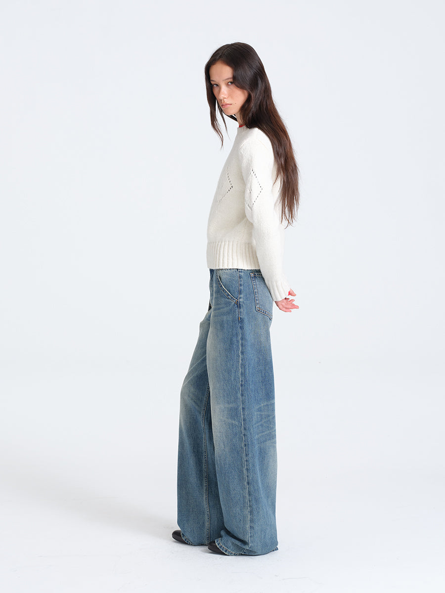 Hughum White Diamond-Pattern Crochet Sweater